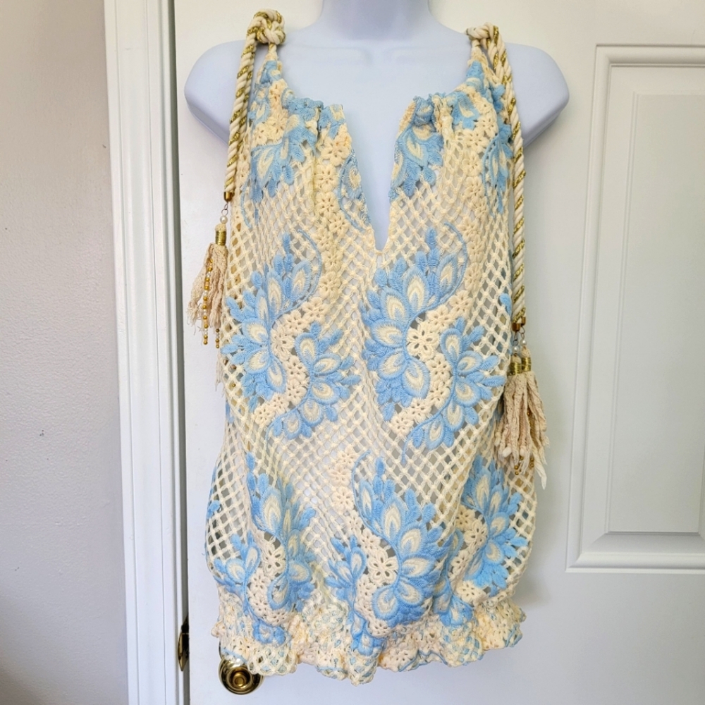 Venus Crochet Lace And Tassel Sleeveless Top Lined Cream And Light Blue Size M